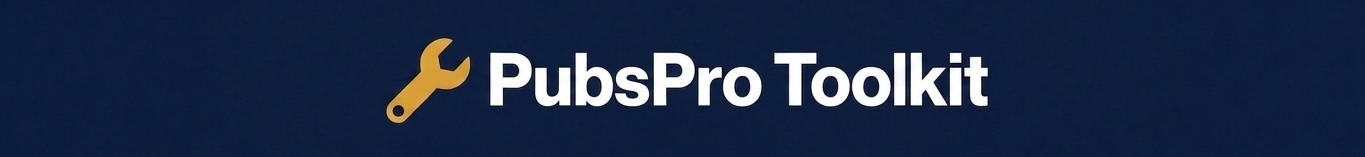 PubsPro Toolkit logo banner — wrench icon with the PubsPro Toolkit name on a dark navy background