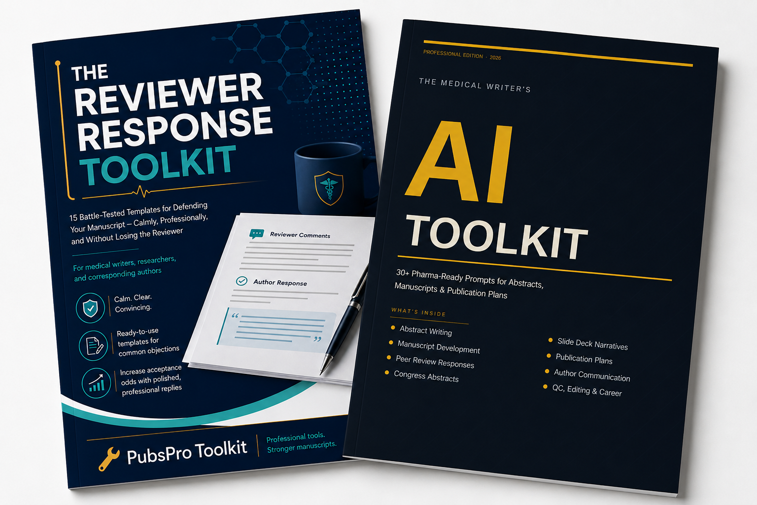 The Reviewer Response Toolkit and Medical Writer's AI Toolkit covers shown side by side