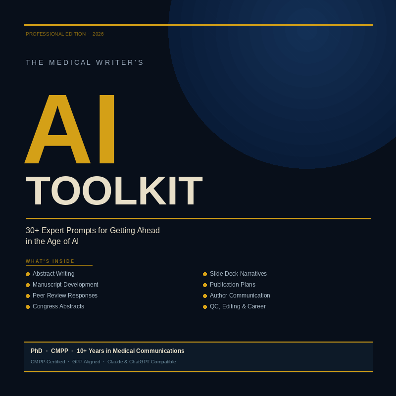 The Medical Writer's AI Toolkit cover — 30+ AI prompts for medical and scientific writing